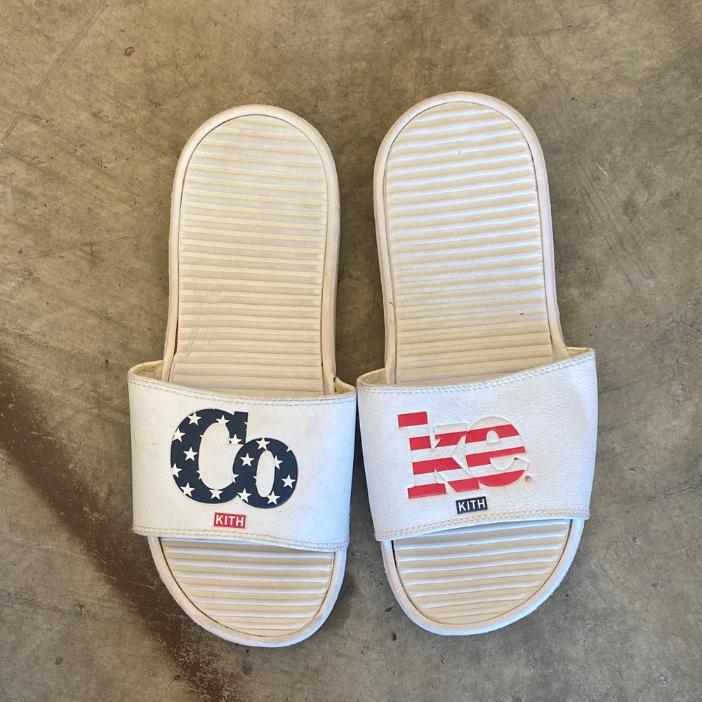 Kith Slide Sandals - Cream with Red and Blue Accents